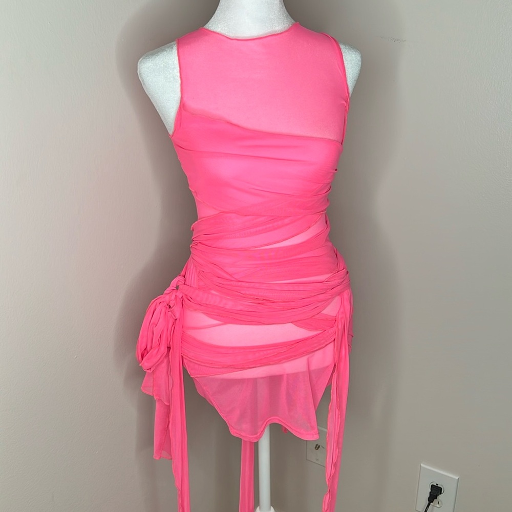 BRAND NEW FASHION NOVA BARBIE PINK MESH WRAP MINI DRESS